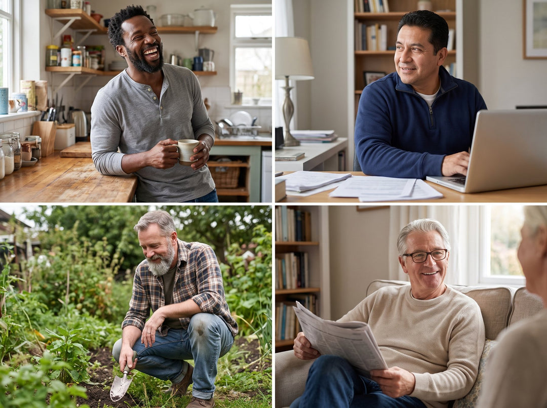 Four different men, from their late thirties to their sixties, at home