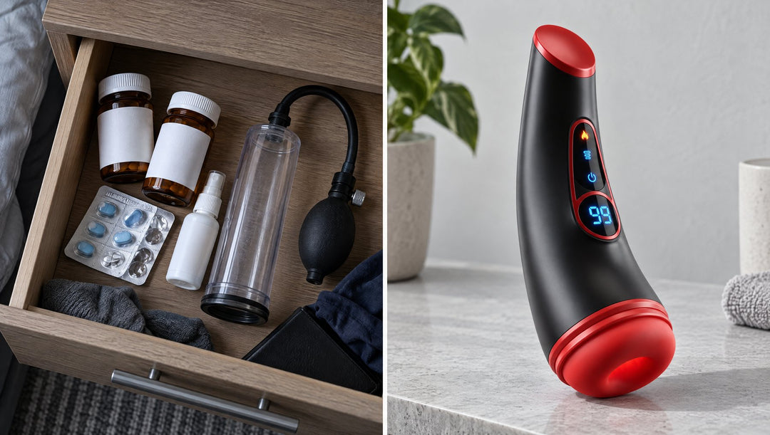 A drawer of pills, a spray and a pump beside Virex Elite
