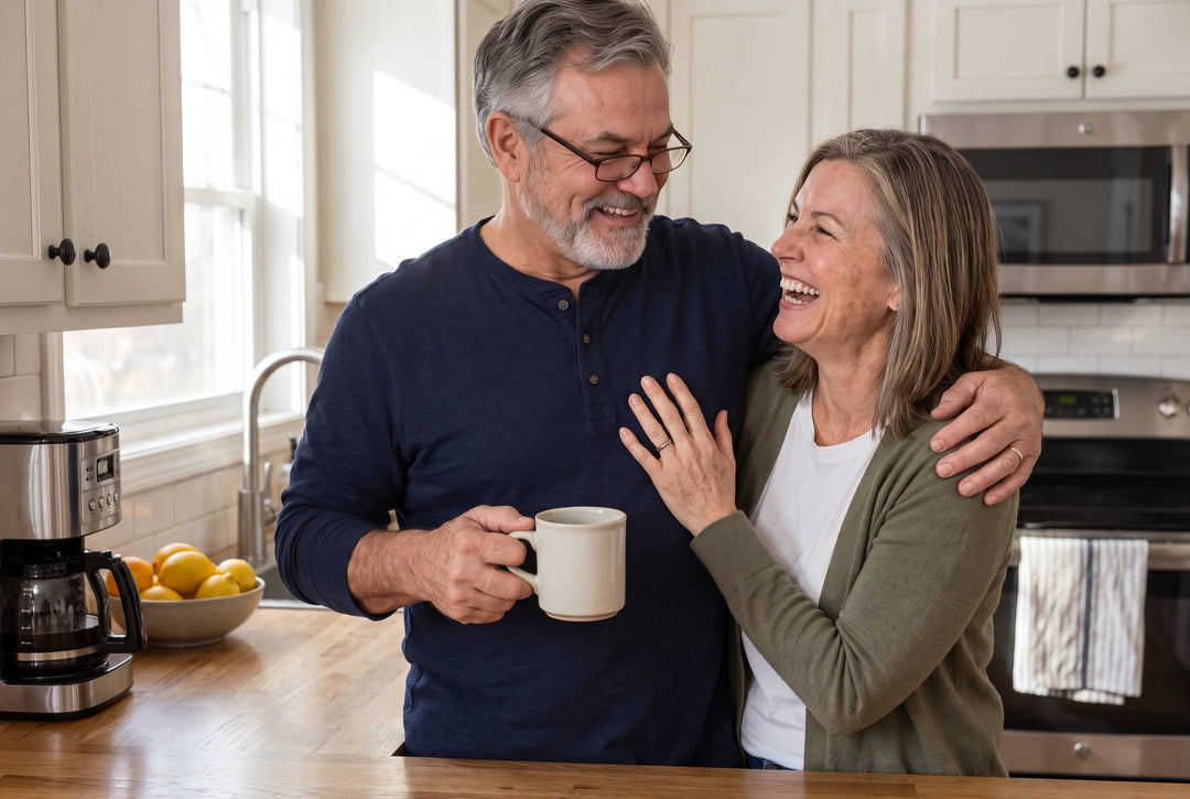 A man and his wife laughing together in their kitchen in the morning