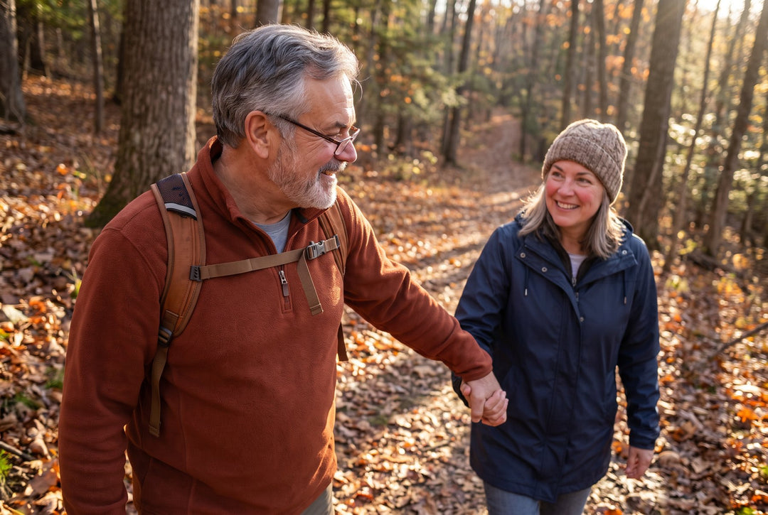 A man in his late fifties hiking an autumn trail hand in hand with his wife