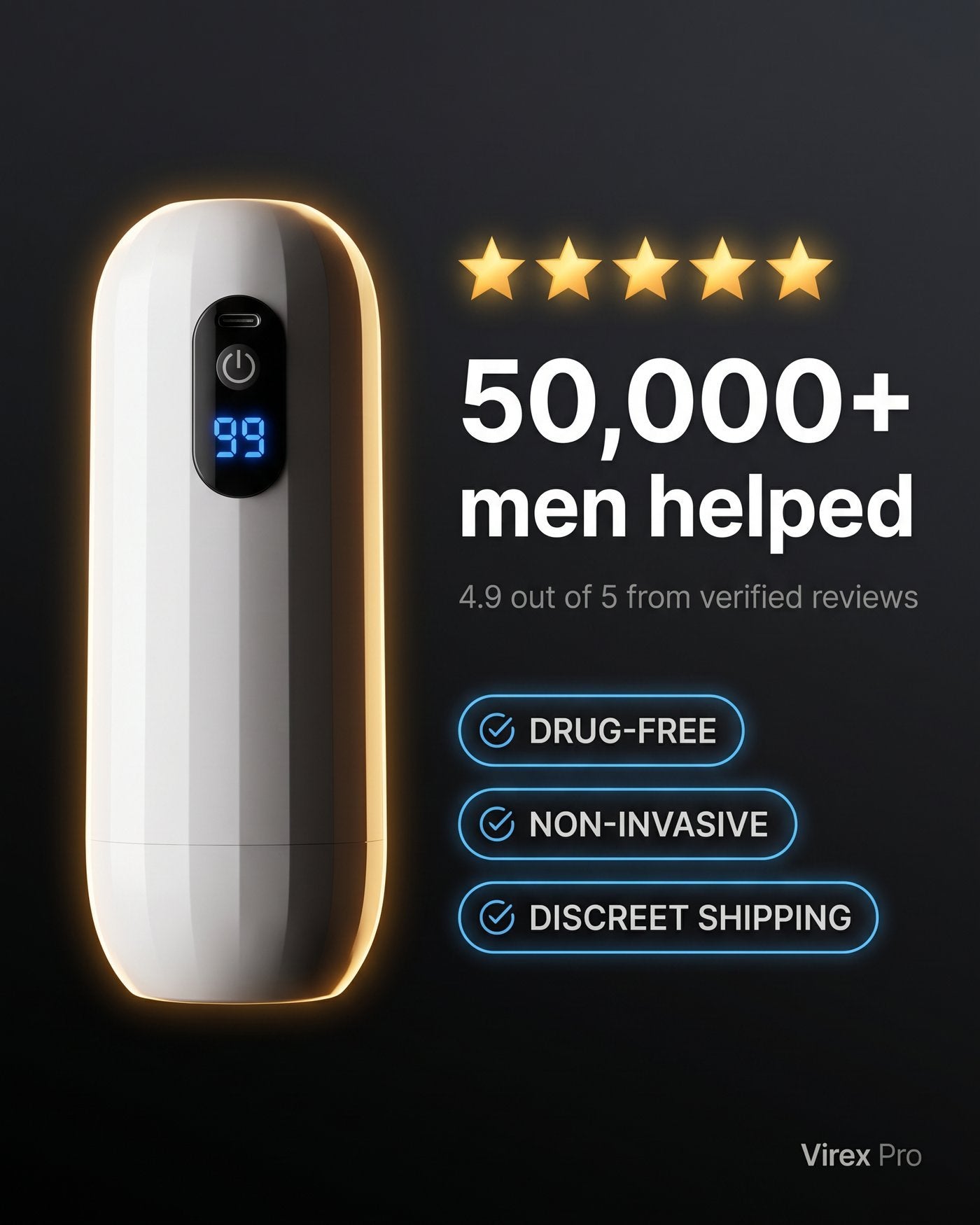 50,000+ men helped, 4.9 out of 5 verified — drug-free, non-invasive, discreet shipping