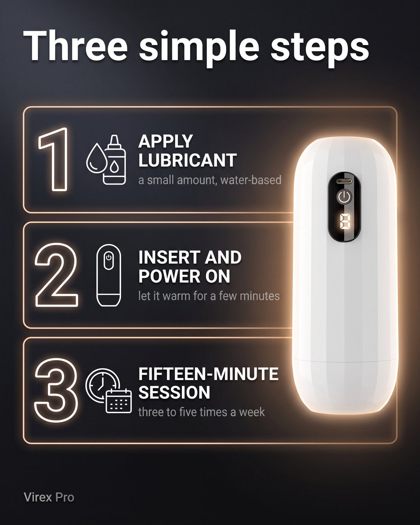 Three simple steps: apply lubricant, insert and power on, fifteen-minute session