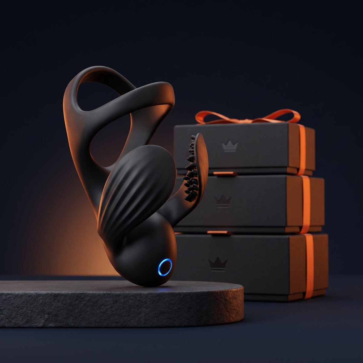 Neuman ApexDrive Elite on a stone plinth with a stack of sealed mystery gift boxes