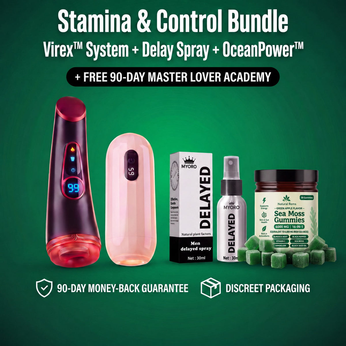 Stamina & Control Bundle: Virex System (Virex Elite + Virex Pro) + King's Delay Spray + OceanPower Sea Moss Gummies, free 90-Day Master Lover Academy