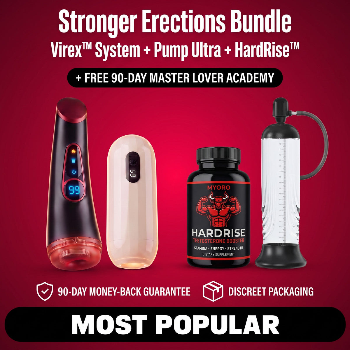 Stronger Erections Bundle: Virex System (Virex Elite + Virex Pro) + Pump Ultra + HardRise, free 90-Day Master Lover Academy, most popular