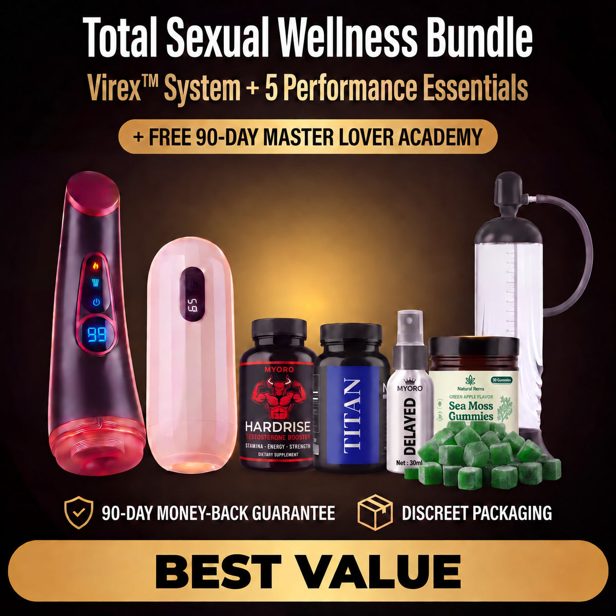Total Sexual Wellness Bundle: Virex System (Virex Elite + Virex Pro) + Pump Ultra + HardRise + Titan NAD+ + Delay Spray + OceanPower Sea Moss Gummies, free 90-Day Master Lover Academy, best value