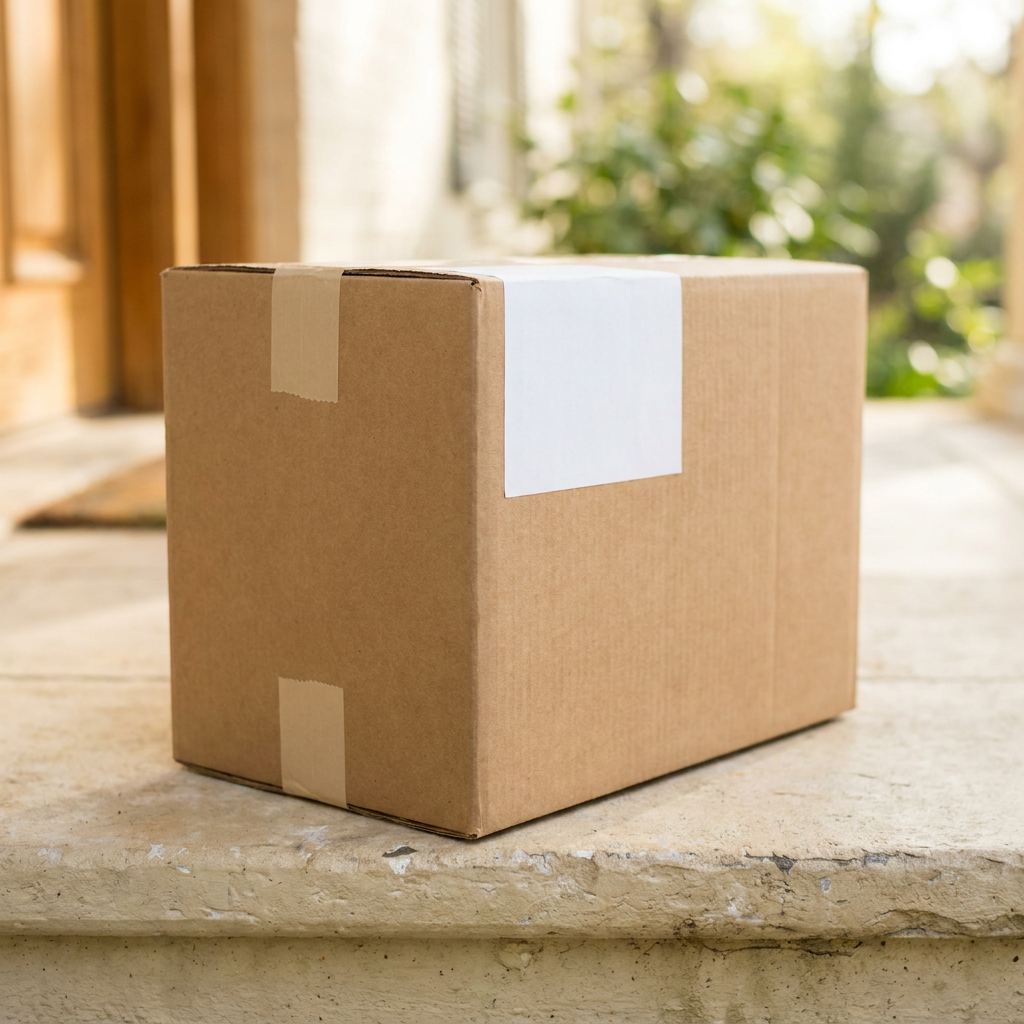 Discreet plain brown shipping box on doorstep — no branding