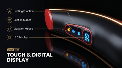 Close-up of the Virex Elite control panel: heating, suction modes, vibration modes, LCD display
