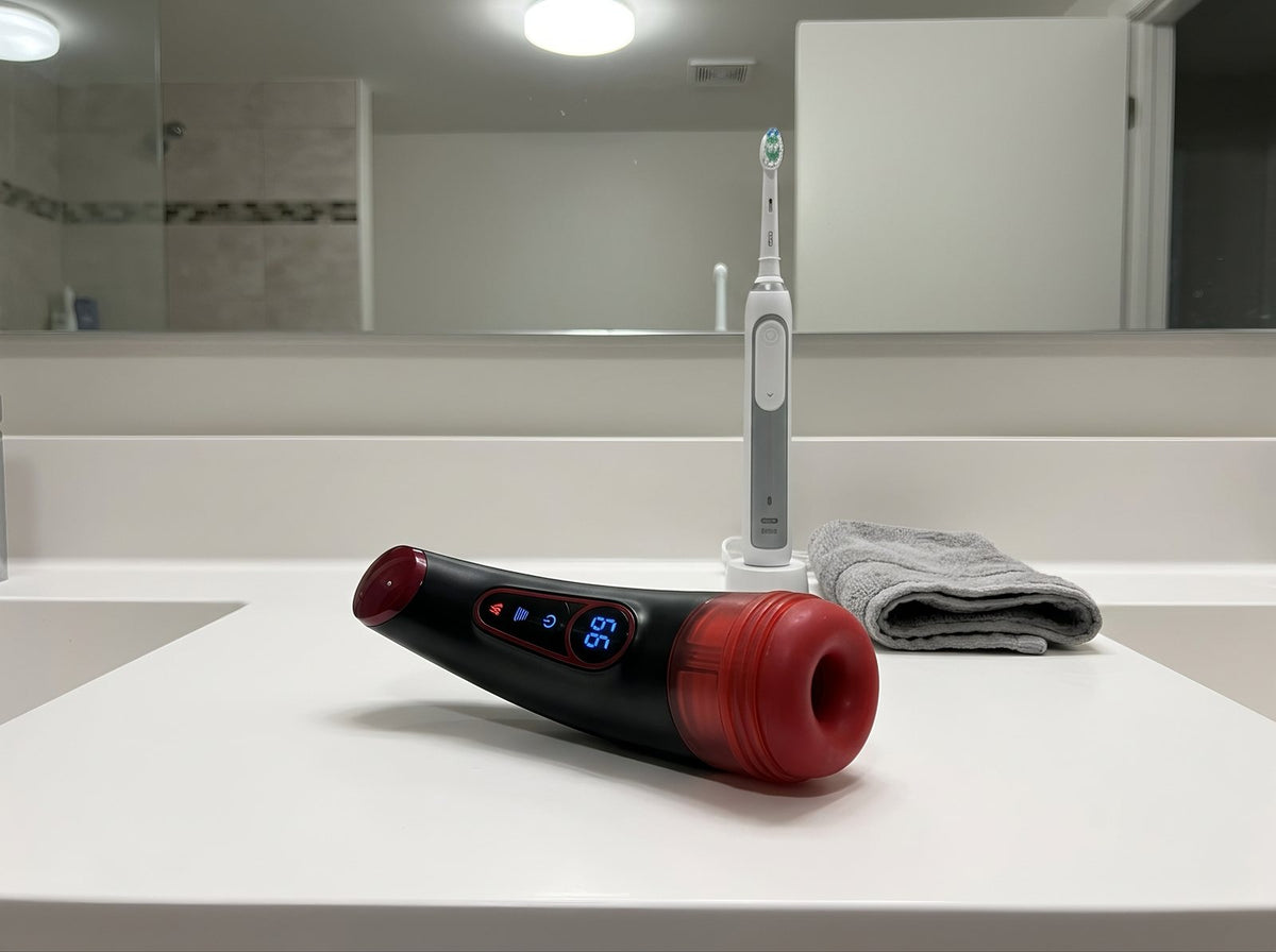 Virex™ Elite on a bathroom counter beside a toothbrush and a folded towel