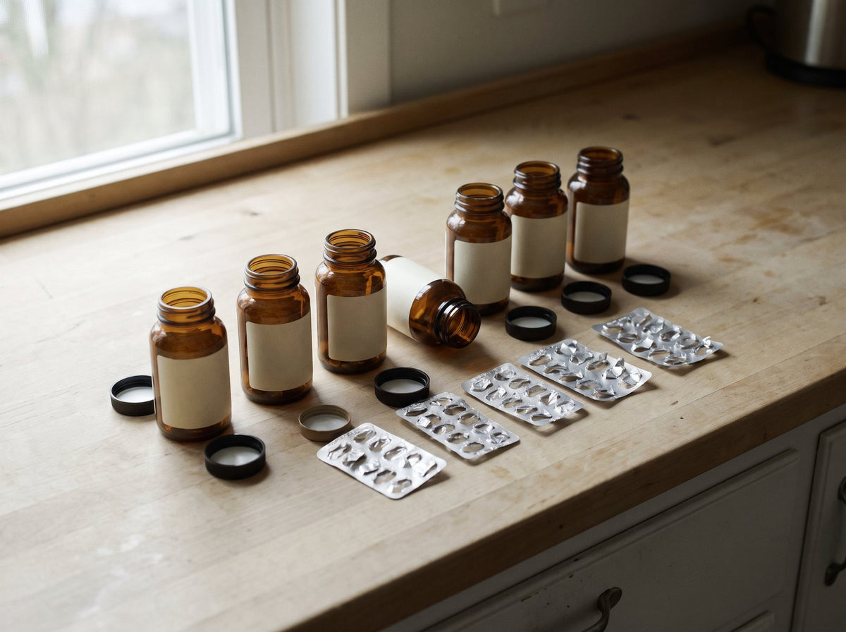 Six empty supplement bottles and fully used blister strips on a counter