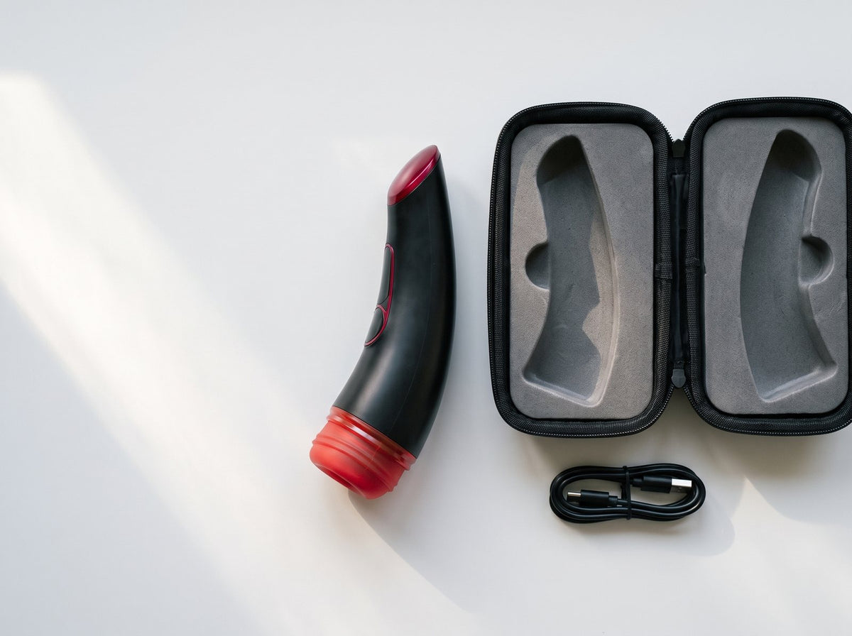 Virex™ Elite laid out with its zip storage case and charging cable