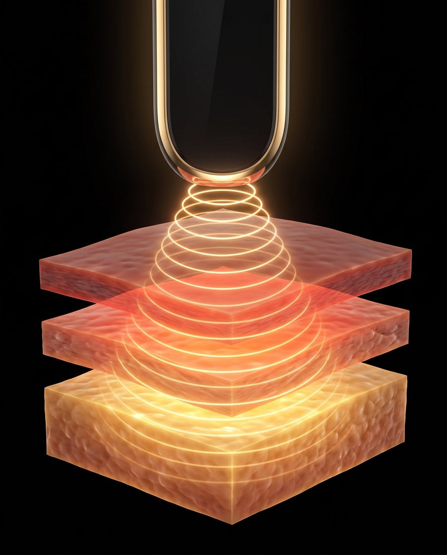 Cutaway of three tissue layers with radiofrequency waves penetrating to the deepest layer