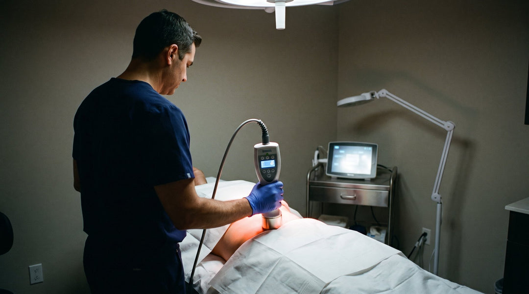 A clinician using a professional radiofrequency device in a treatment room