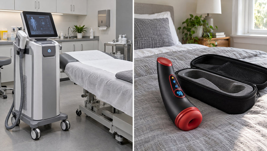 A clinic radiofrequency machine beside Virex Elite resting on a bed at home next to its case