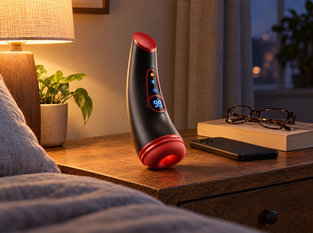 Virex Elite on a bedroom nightstand in the evening beside a lamp, glasses and a book