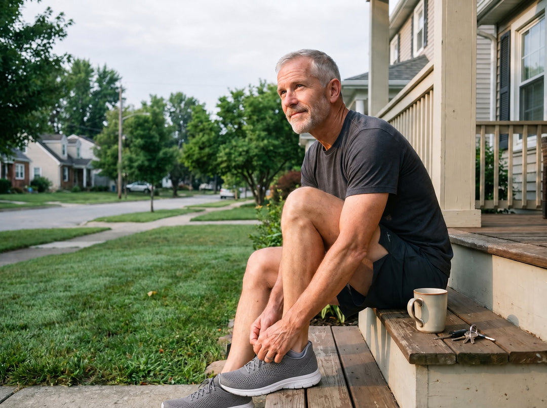 A man in his fifties on his porch steps getting ready for a morning run