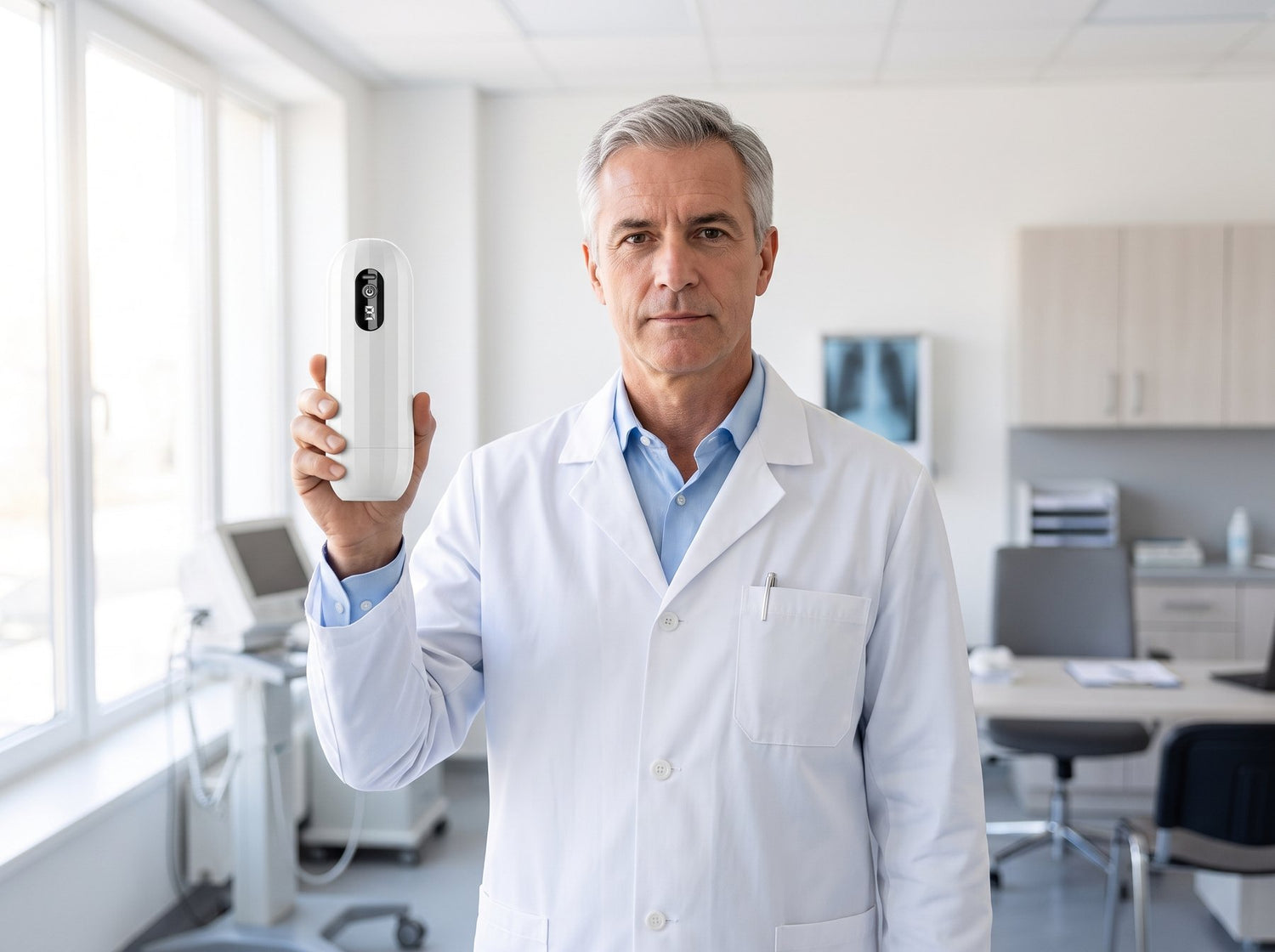 A physician holding the Virex Pro device in a clinic consulting room