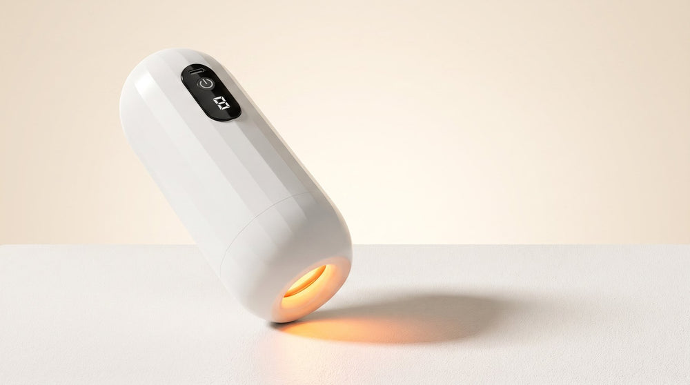 The Virex Pro device at a three-quarter angle, warm light pooling beneath the opening