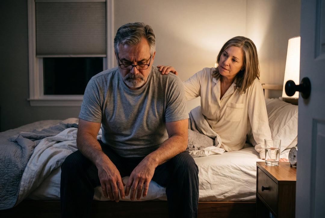 A man in his late fifties sitting on the edge of the bed at night, his wife behind him with a hand on his shoulder