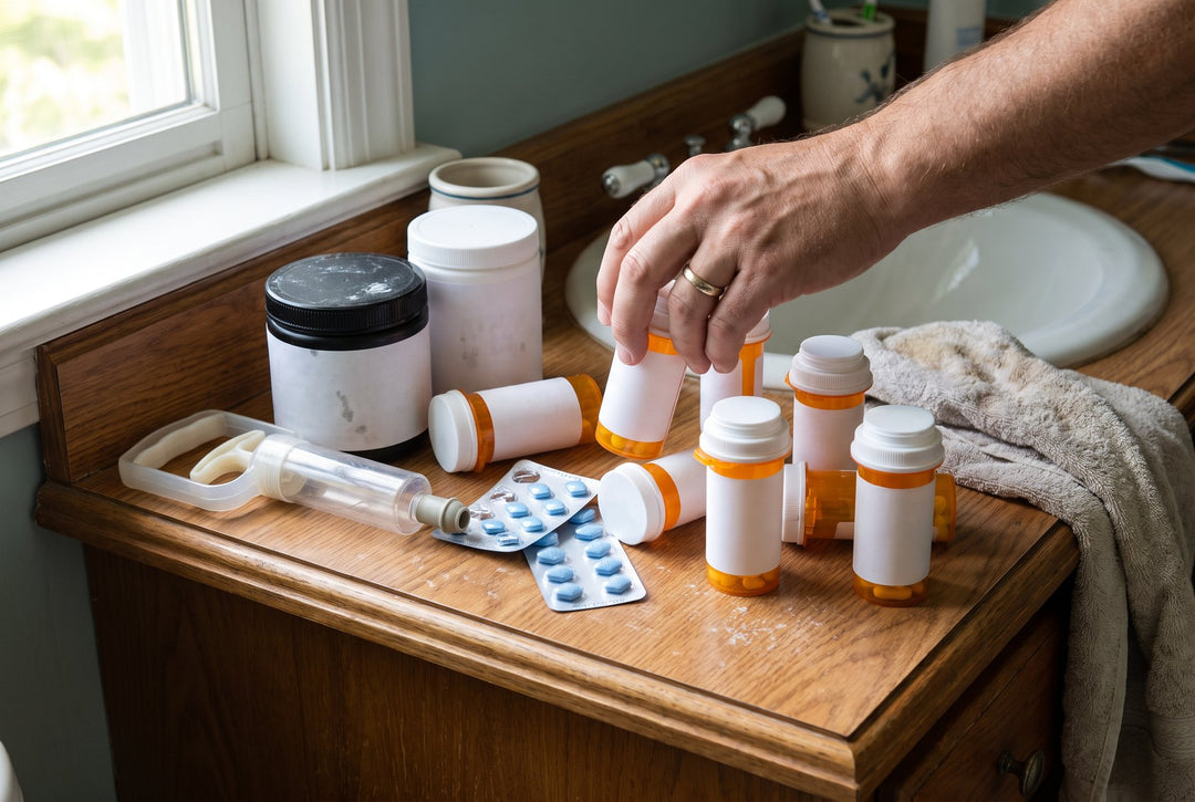 Pill bottles, blue pills, supplement tubs and a vacuum pump on a bathroom vanity, a man reaching for a bottle