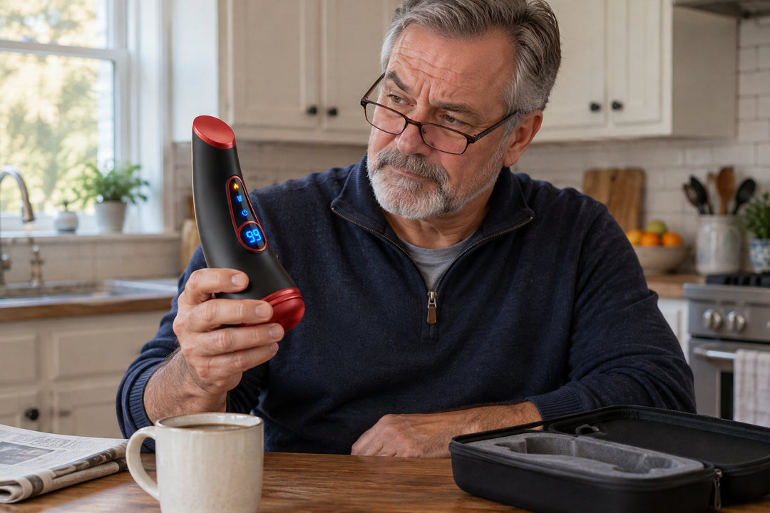 A man in his late fifties at his kitchen table looking skeptically at Virex Elite