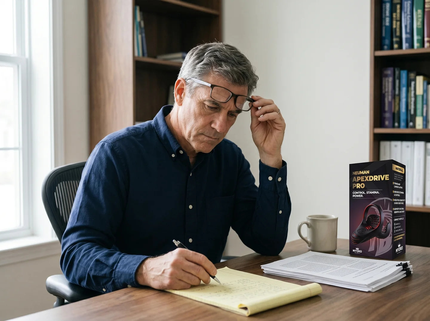 Robert Mitchell at his home desk with research notes and ApexDrive Pro box
