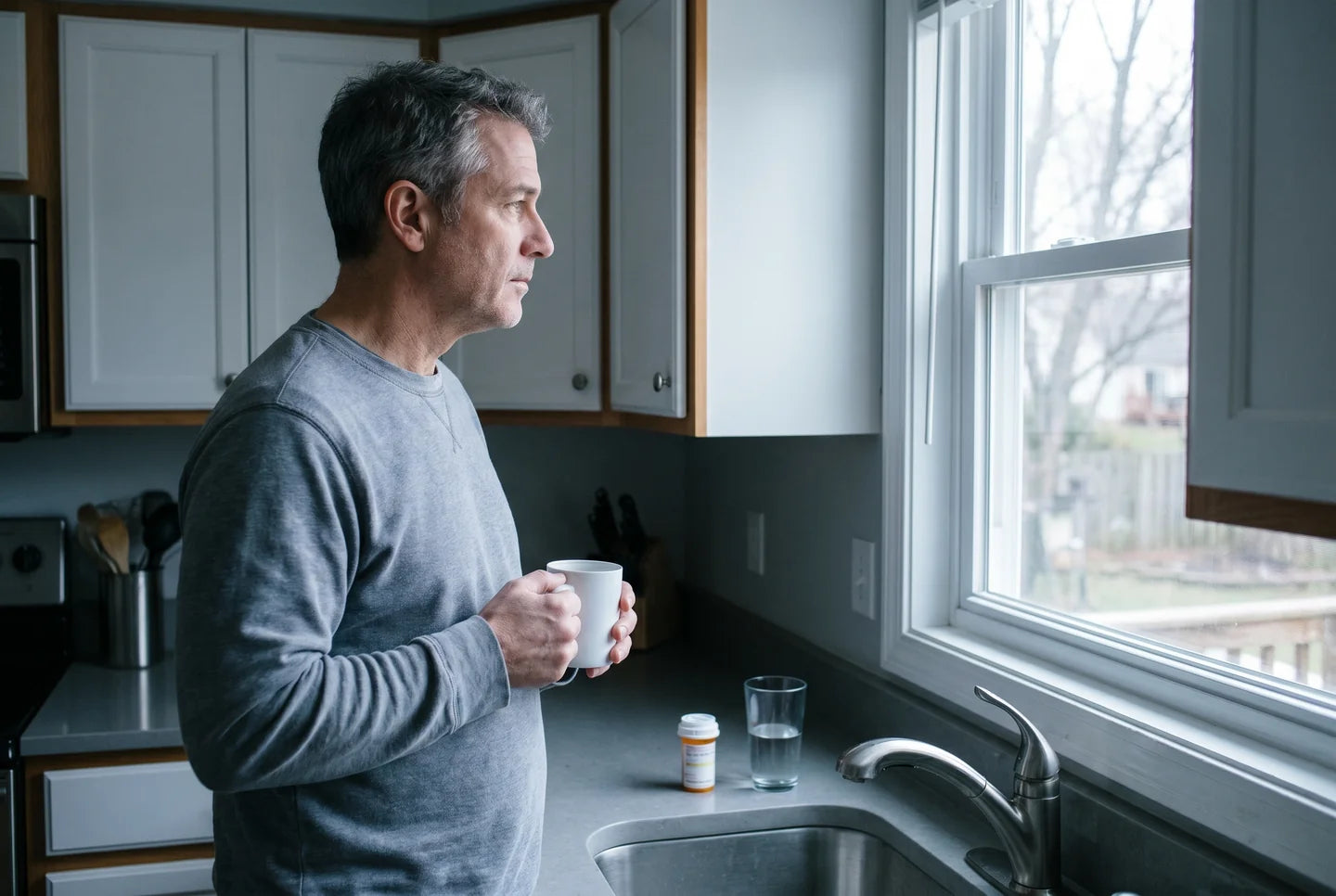Middle-aged man standing at kitchen window at dawn, holding a coffee mug, pill bottle on counter