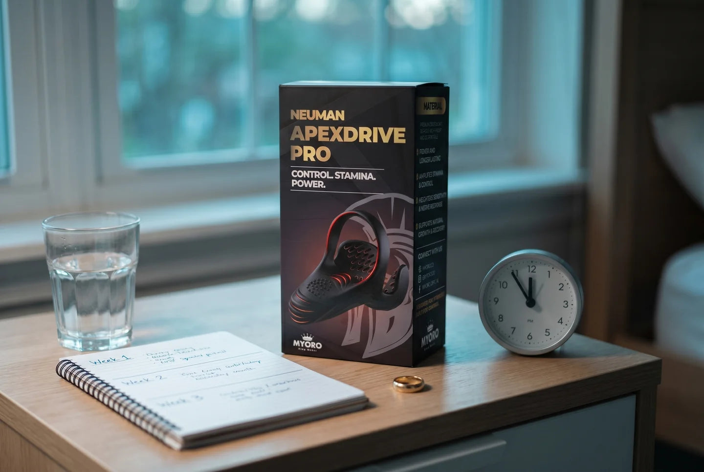 ApexDrive Pro box on bedside table next to spiral notebook with week-by-week log