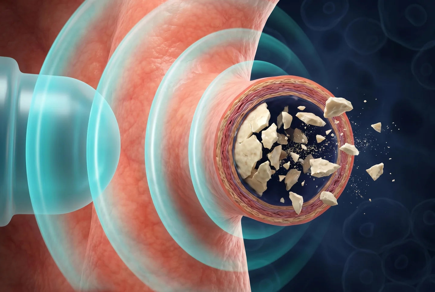 Editorial illustration of acoustic shockwaves clearing calcified microplaque inside blood vessels