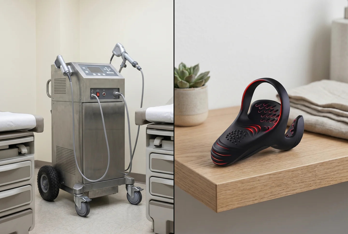 Side-by-side comparison: in-clinic shockwave machine vs at-home ApexDrive Pro device
