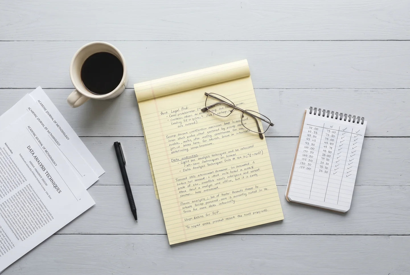 Engineer's desk with yellow legal pad of handwritten notes, coffee mug, reading glasses, and scientific journal printouts