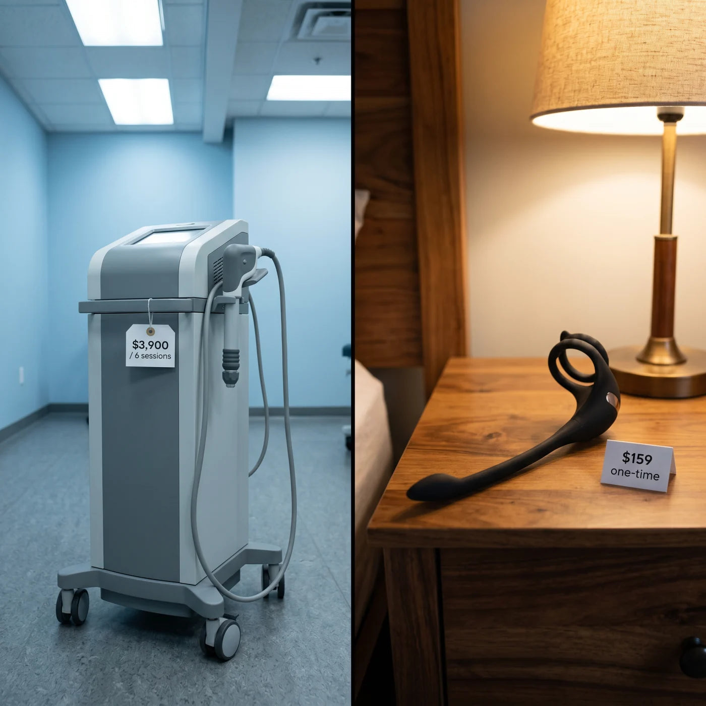 A clinic shockwave machine beside an at-home setup