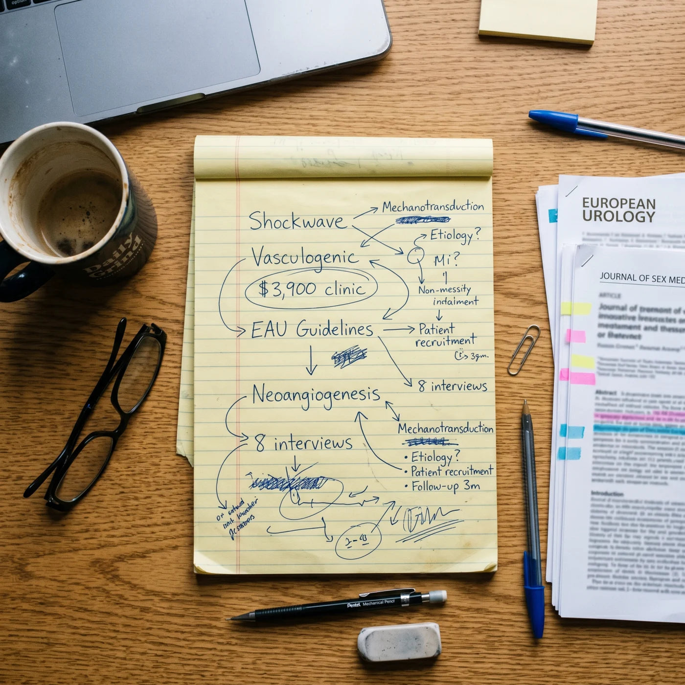 The desk where I worked it out — 47 pages of notes beside the ApexDrive Pro 3.0 box