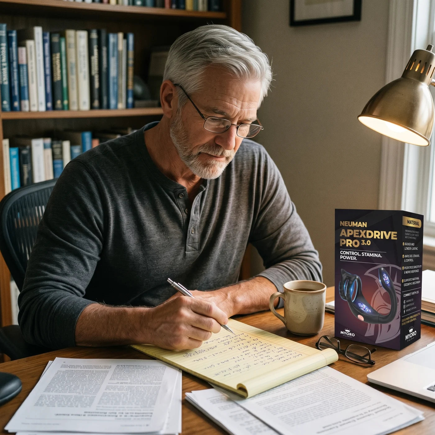 A desk covered in 47 pages of handwritten notes, coffee and reading glasses